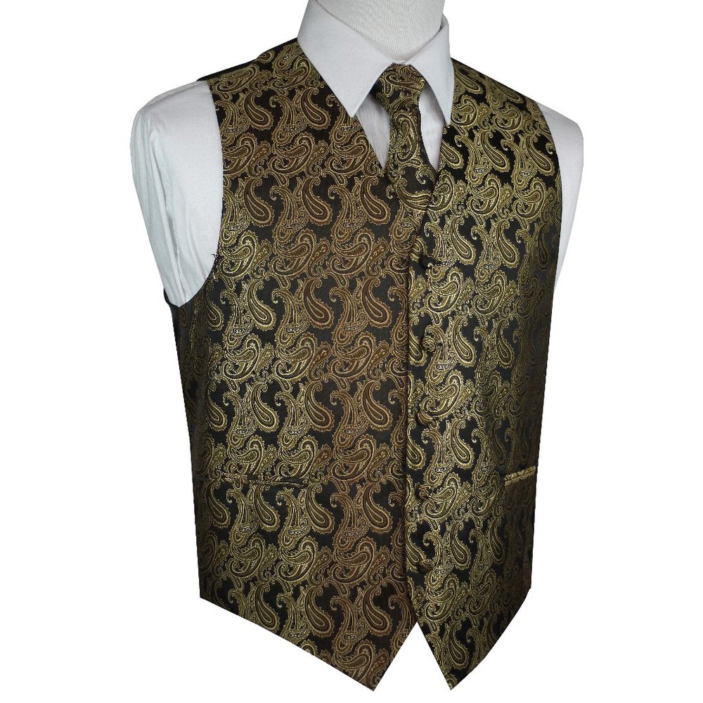 Men's Formal Wedding Prom Homecoming Tuxedo Vest Tie Hankie - Black/Gold Paisley